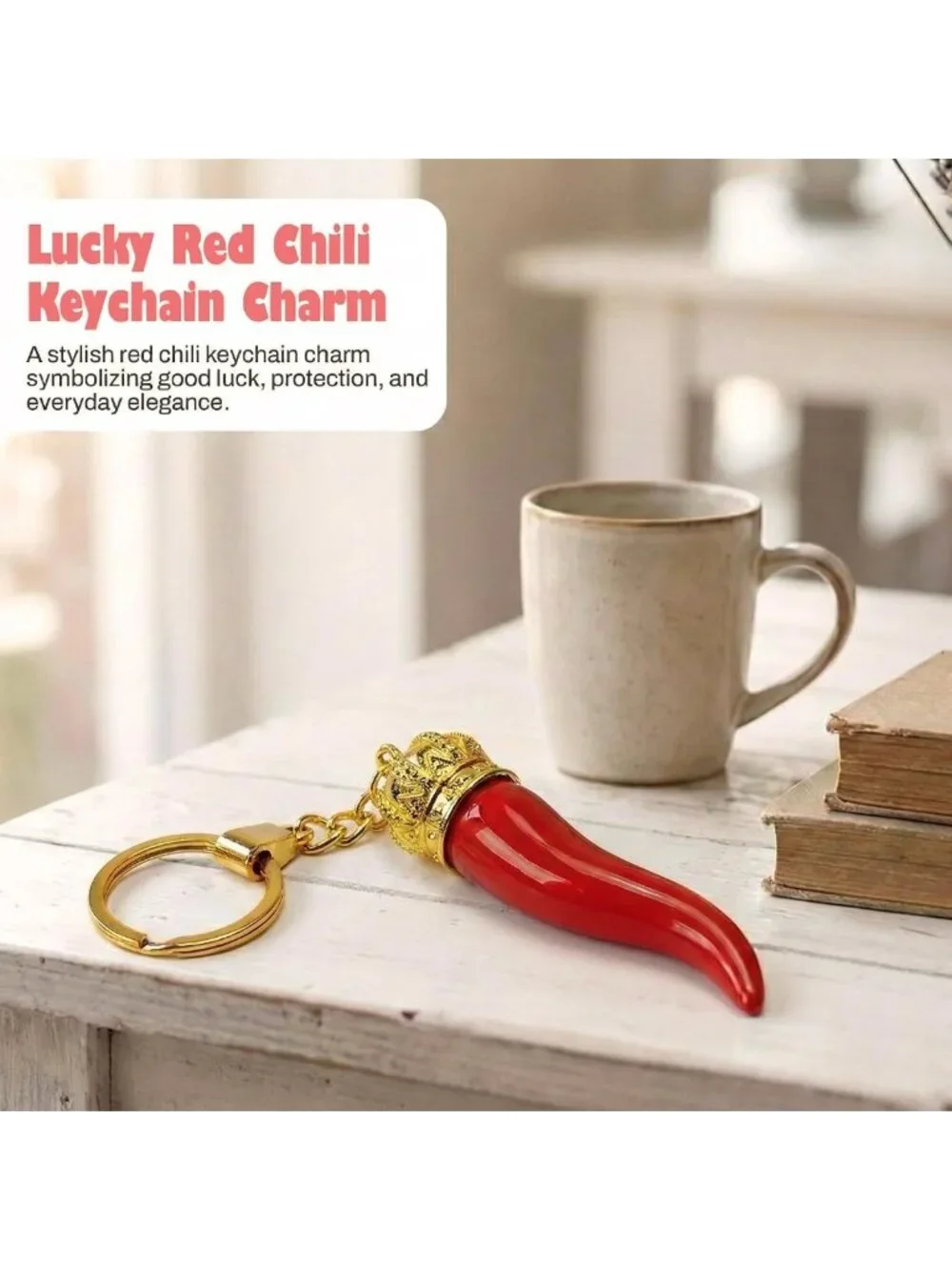 Chili Pepper Keychain with Gold Chain - Italian Red Horn Charm for Good Luck